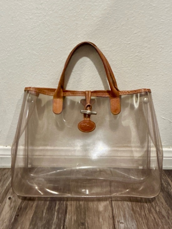 Longchamp Handbags - LONGCHAMP RARE PVC Clear Tan Leather Trim
Tote Bag Bamboo Bit Medium Transparent